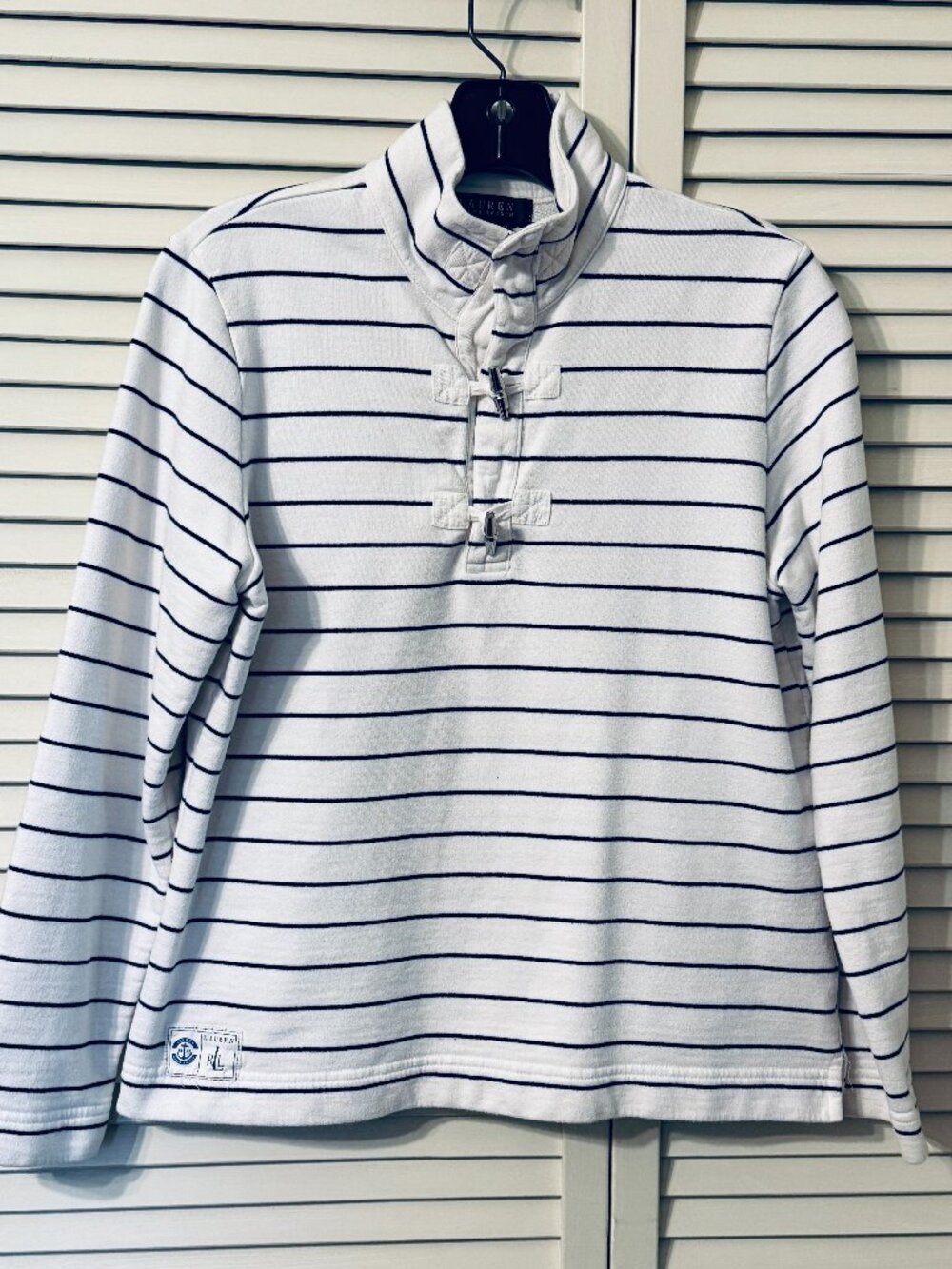 Lauren RALPH LAUREN Cream Black Stripe Pullover cotton sweater Med Nautical Pre